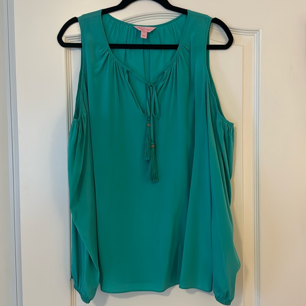 Lilly Pulitzer Size M | Teal Long Sleeve Cut-Out Shoulder Silk Blouse